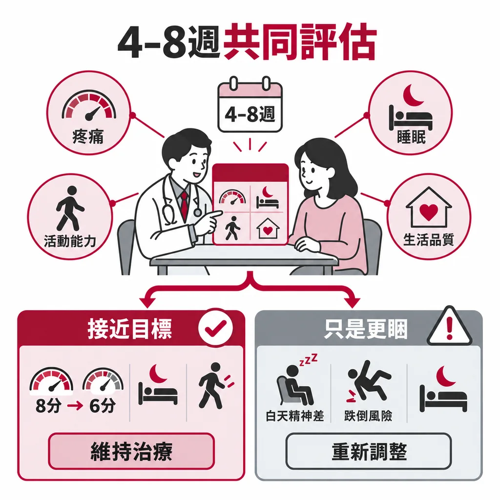 治療四到八週後由醫病共同評估疼痛睡眠與活動能力的示意圖