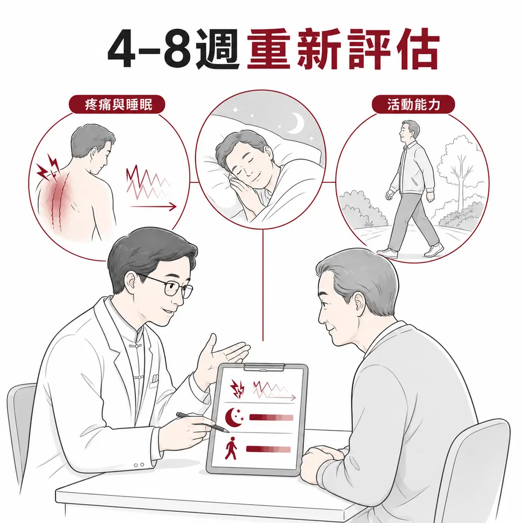 治療四到八週後由醫病共同評估疼痛睡眠與活動能力的示意圖