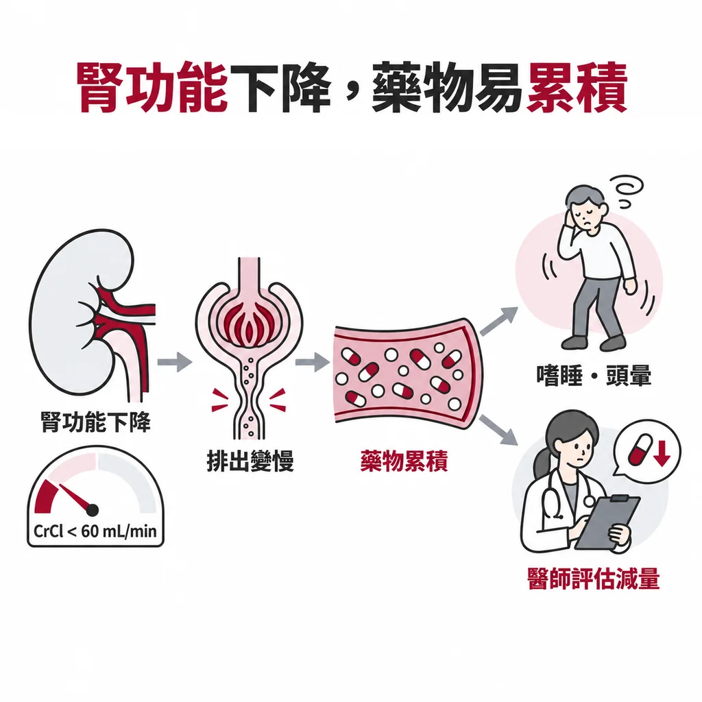 腎功能下降讓神經痛藥排出較慢並需由醫師評估減量的示意圖