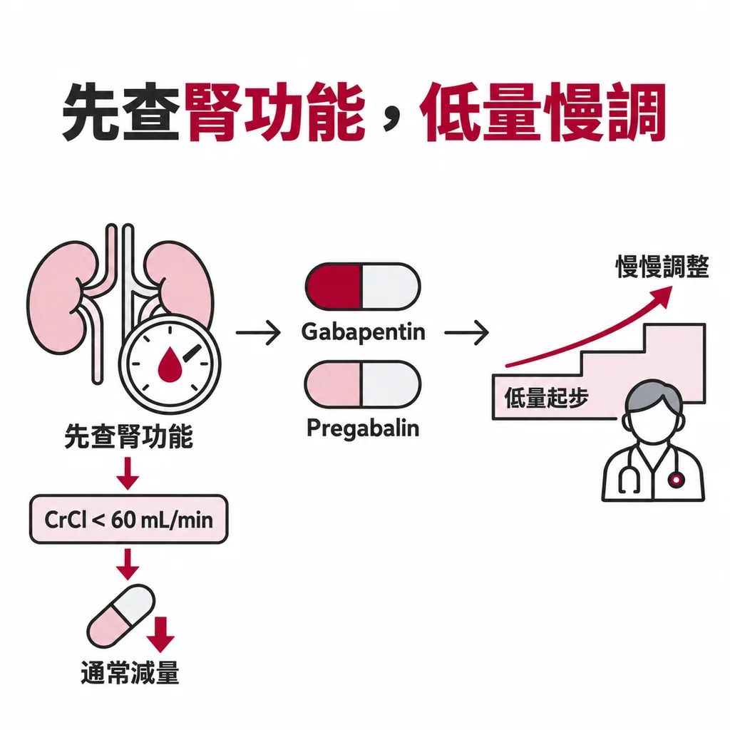 Gabapentin 與 pregabalin 依處方低量起步慢慢調整並檢查腎功能的示意圖