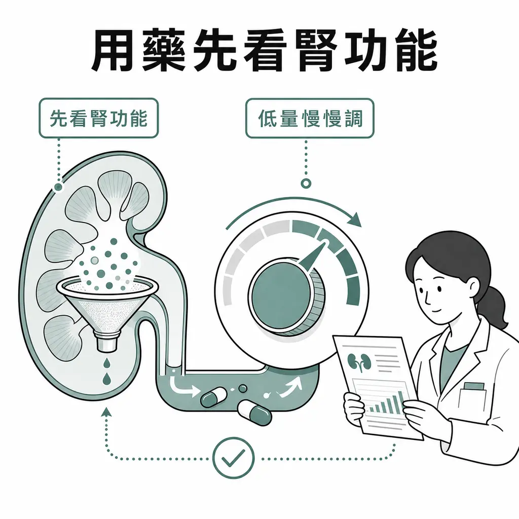 使用 gabapentin 或 pregabalin 前先看腎功能，再從較低劑量慢慢調整