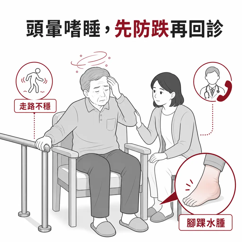 神經痛藥造成頭暈嗜睡走路不穩或腳踝水腫時先防跌並回診的示意圖