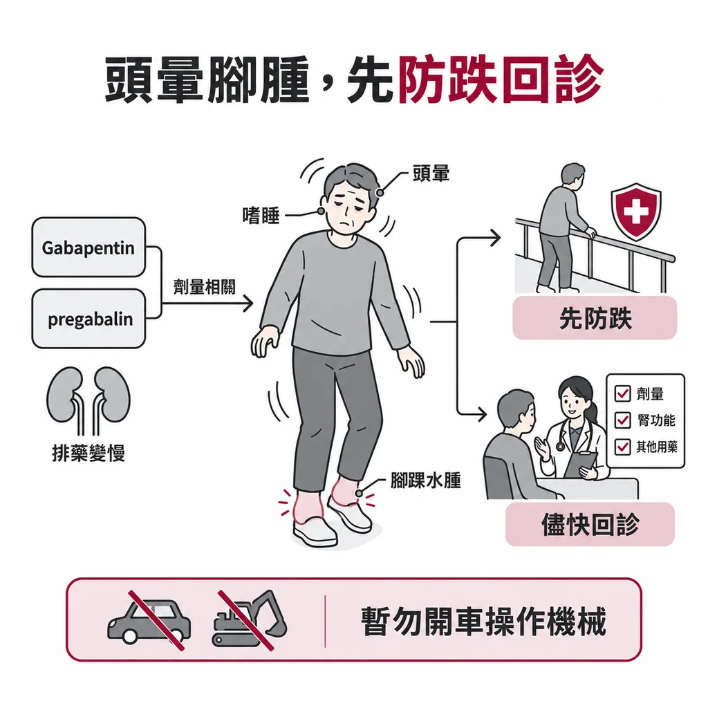 神經痛藥造成頭暈嗜睡走路不穩或腳踝水腫時先防跌並回診的示意圖