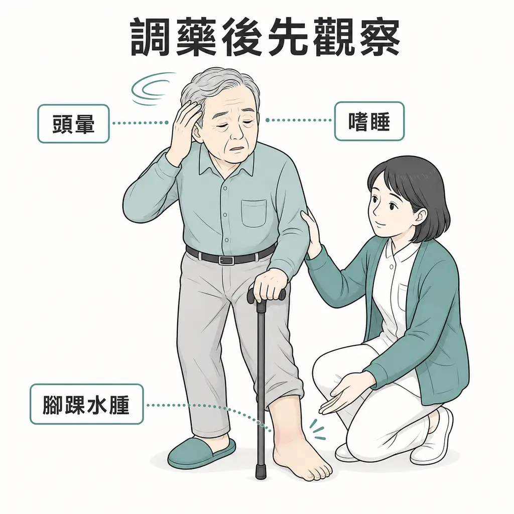 長輩調整神經痛藥後注意頭暈、嗜睡與腳踝水腫，走路不穩應回診