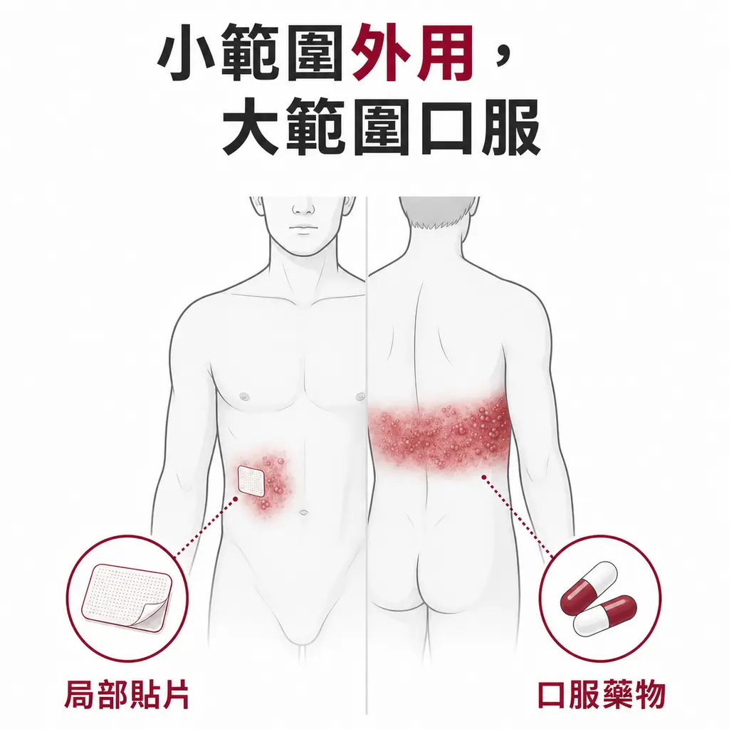 小範圍疼痛使用局部貼片與大範圍疼痛評估口服藥物的對照圖