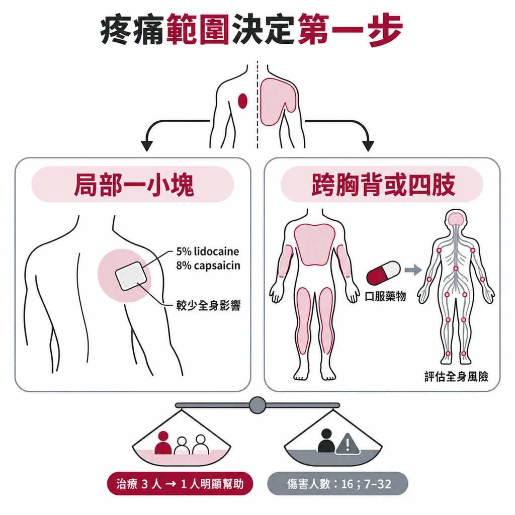 小範圍疼痛使用局部貼片與大範圍疼痛評估口服藥物的對照圖