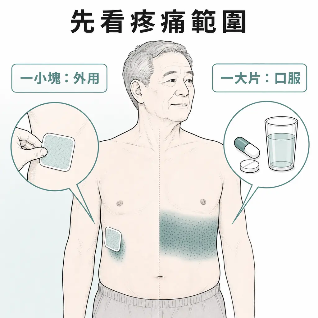 小範圍疼痛可考慮外用藥，大片疼痛常需要全身性口服藥