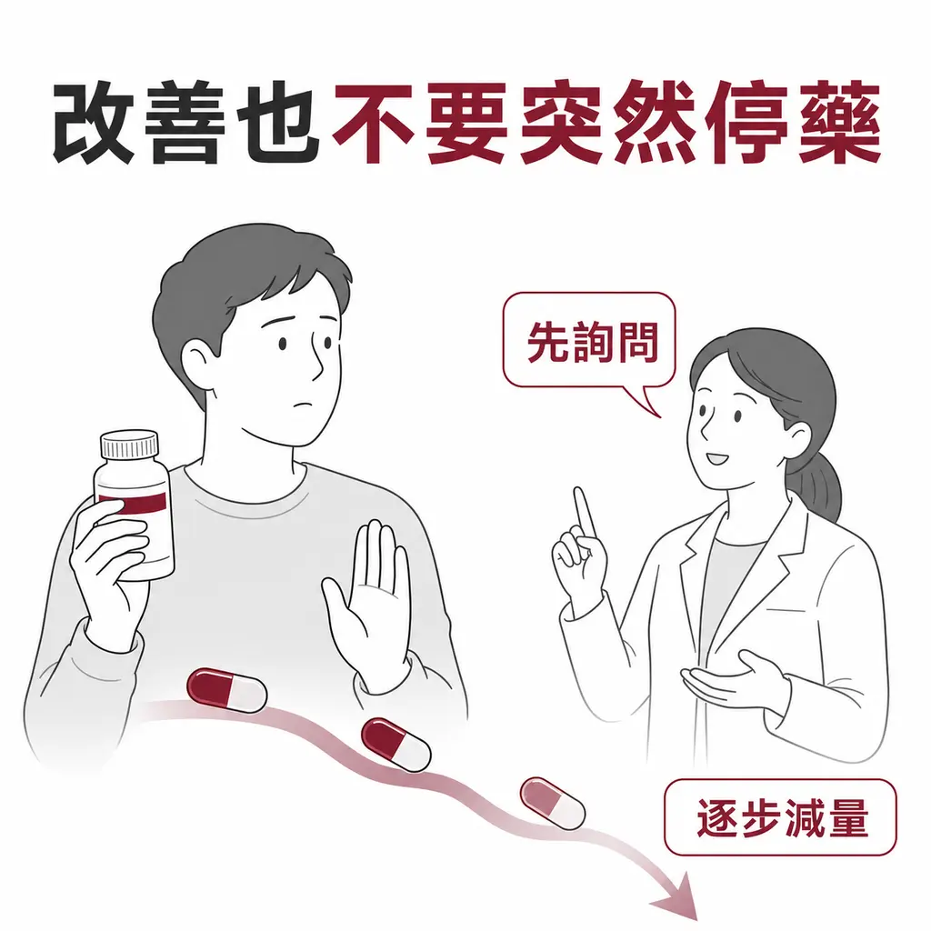 神經痛改善後先詢問醫療人員再依安排逐步減量的示意圖