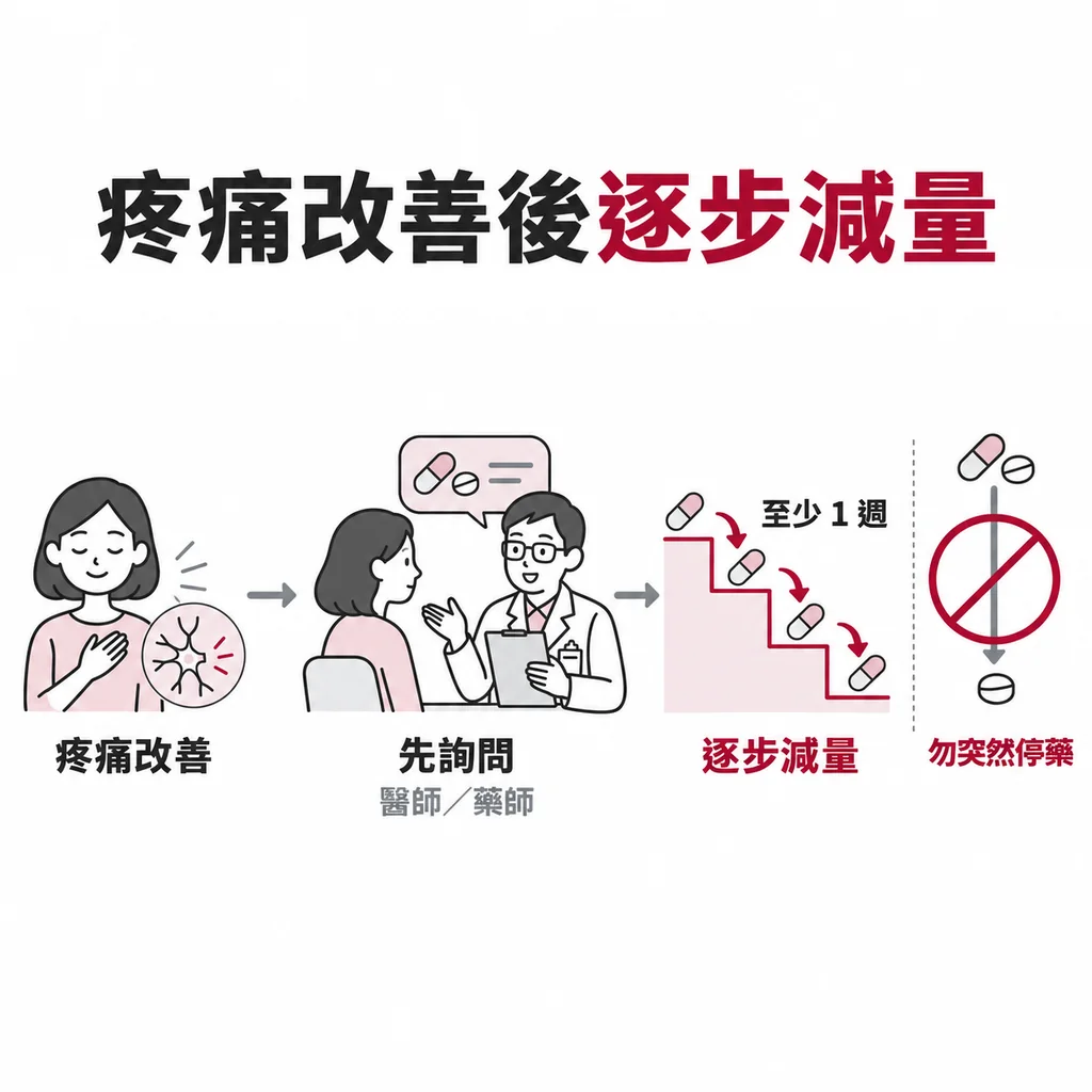 神經痛改善後先詢問醫療人員再依安排逐步減量的示意圖