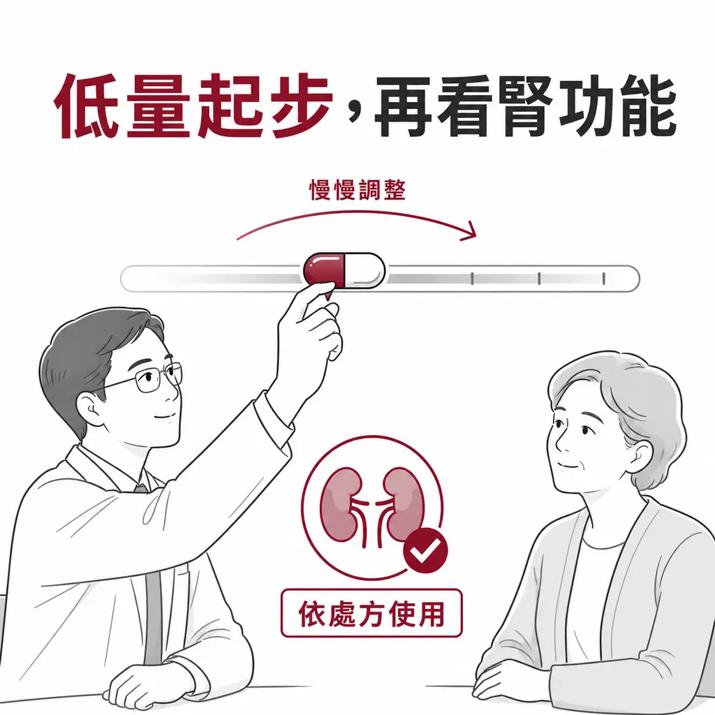 Gabapentin 與 pregabalin 依處方低量起步慢慢調整並檢查腎功能的示意圖
