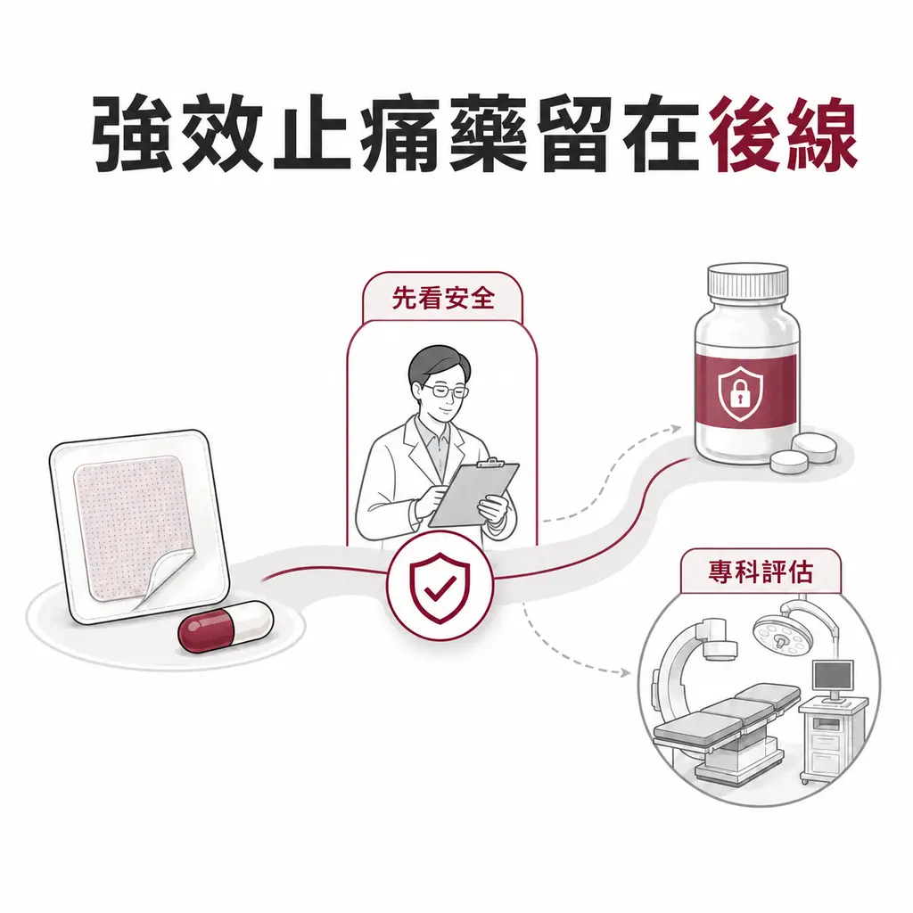 先看安全性再由專科評估強效止痛藥或介入治療的路徑圖