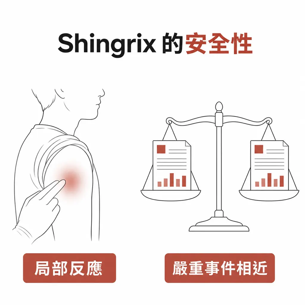 Shingrix 常見注射部位反應，臨床試驗中嚴重事件在疫苗組與安慰劑組相近