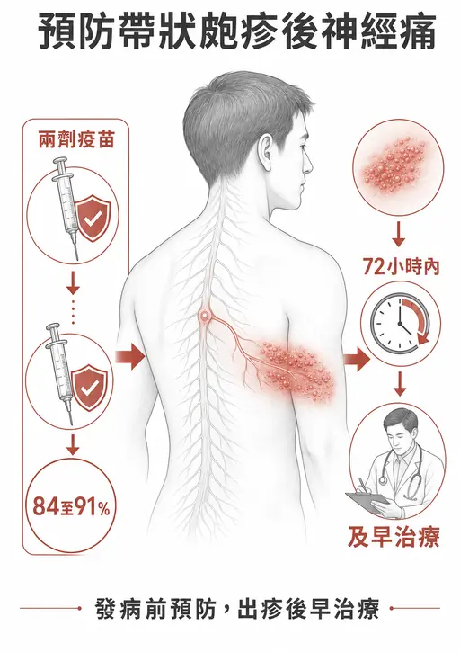 預防帶狀皰疹後神經痛：完成兩劑疫苗可降低風險，出疹後七十二小時內及早就醫治療