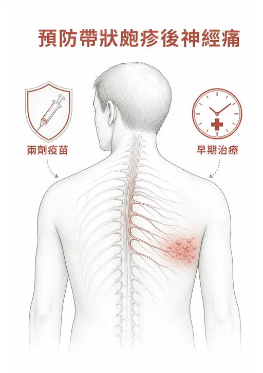 預防帶狀皰疹後神經痛：完成兩劑疫苗並在出疹後及早治療