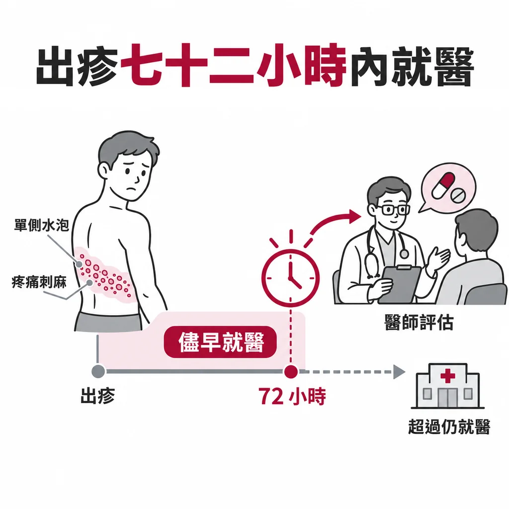 帶狀皰疹出疹後最好在七十二小時內就醫,評估是否需要抗病毒治療