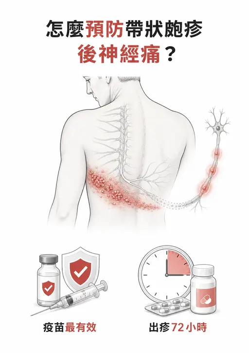 預防帶狀皰疹後神經痛：完成疫苗接種，出疹後七十二小時內盡快就醫評估