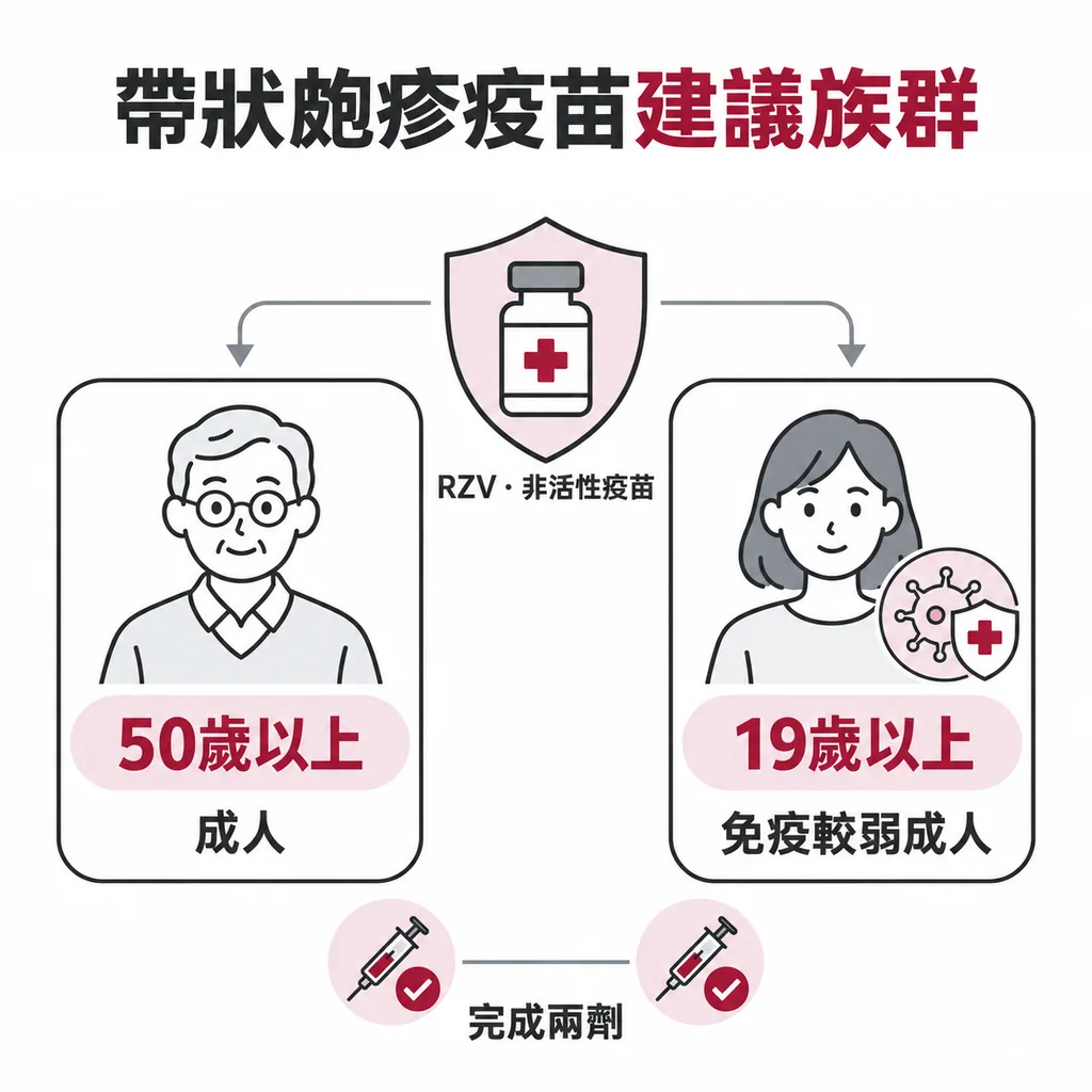 建議接種 Shingrix 的主要族群包括五十歲以上成人,以及符合建議的免疫功能較弱成人