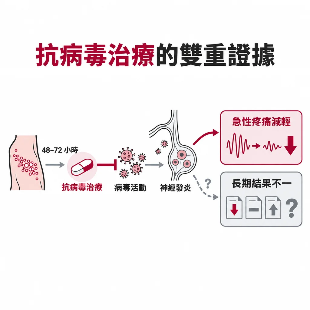 抗病毒治療可減輕帶狀皰疹急性疼痛,但各研究對長期神經痛的預防結果不一致
