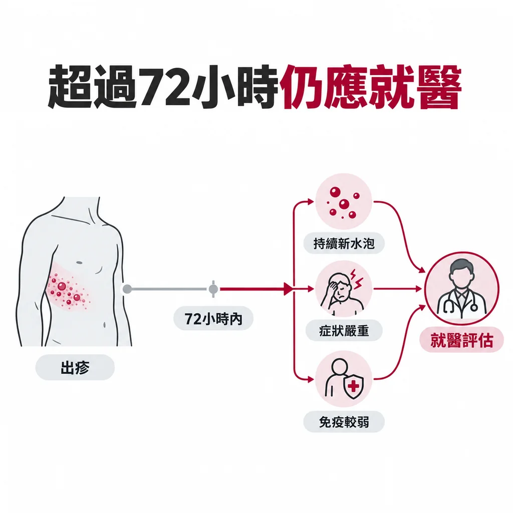 超過出疹後七十二小時,若仍持續出疹或症狀嚴重,仍應就醫評估