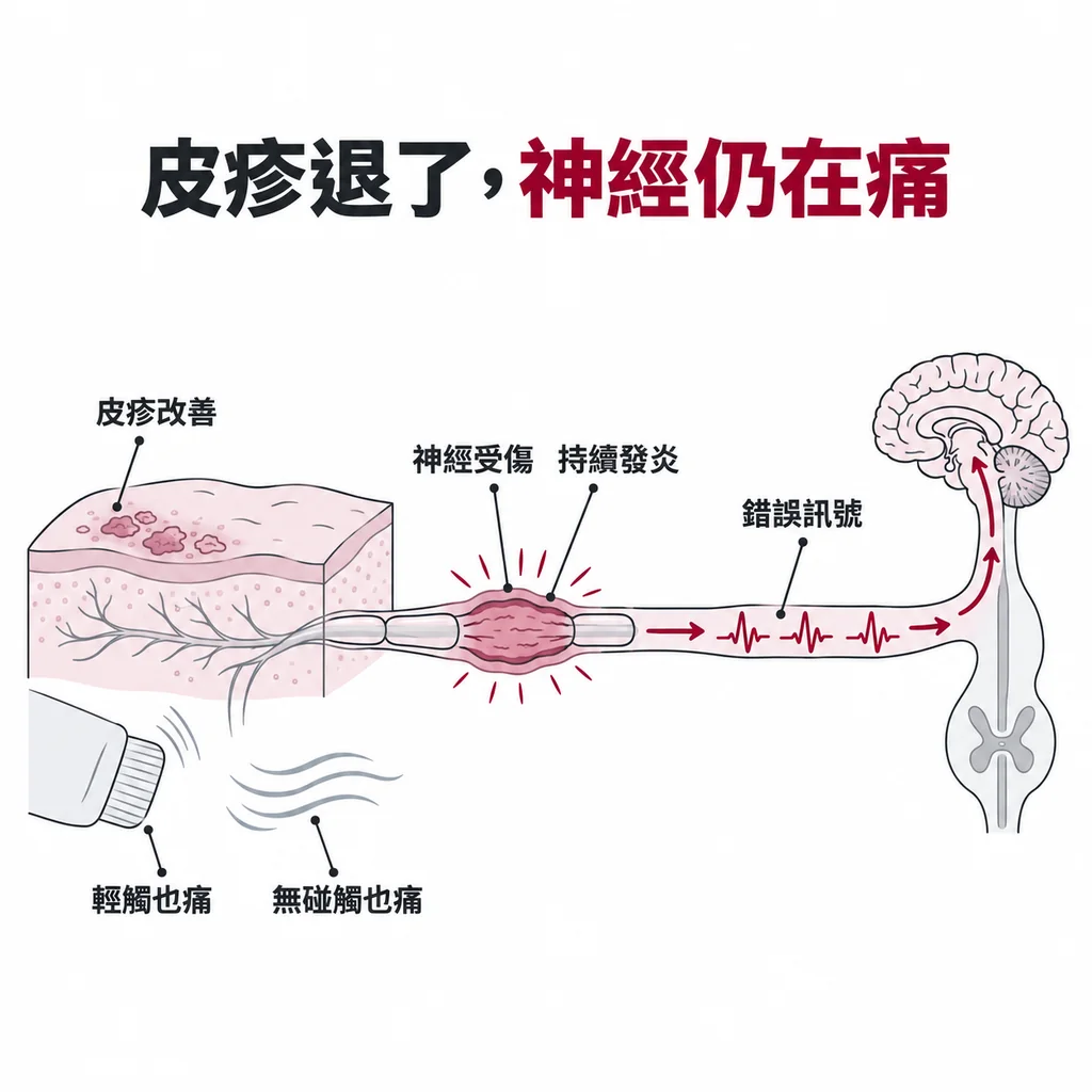 帶狀皰疹皮疹改善後,受傷神經仍可能發炎並持續傳送錯誤疼痛訊號