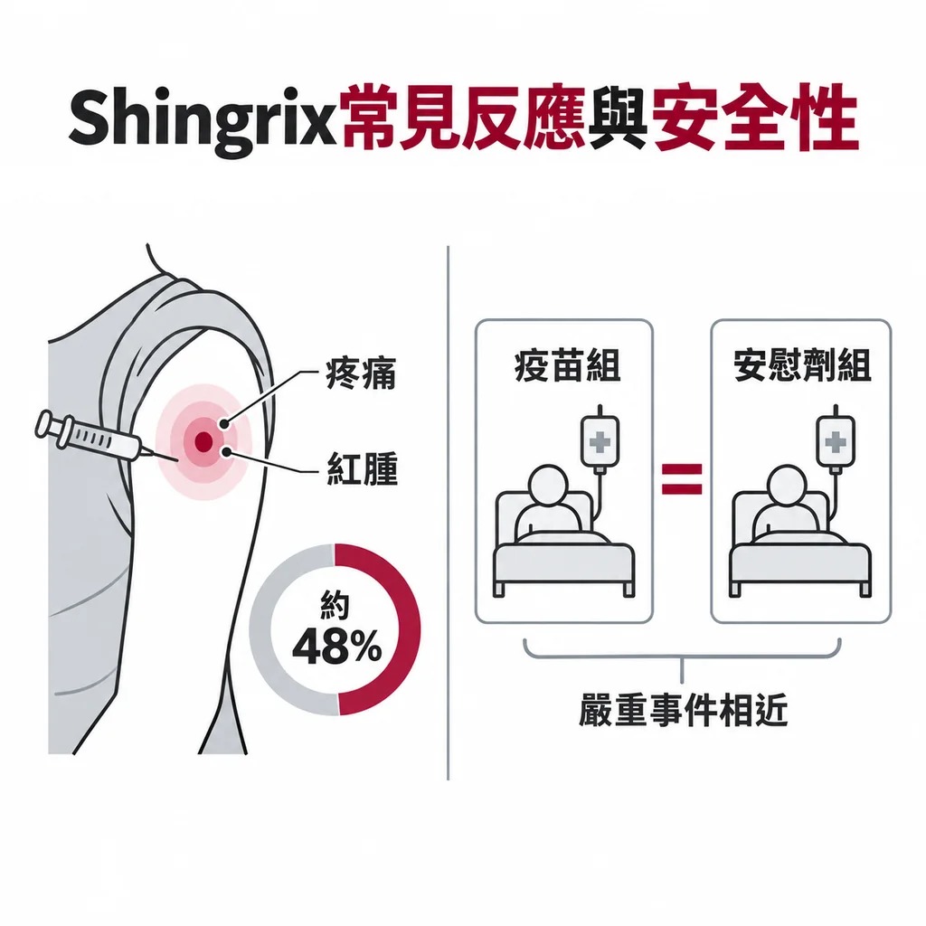 Shingrix 常見注射部位反應,臨床試驗中嚴重事件在疫苗組與安慰劑組相近