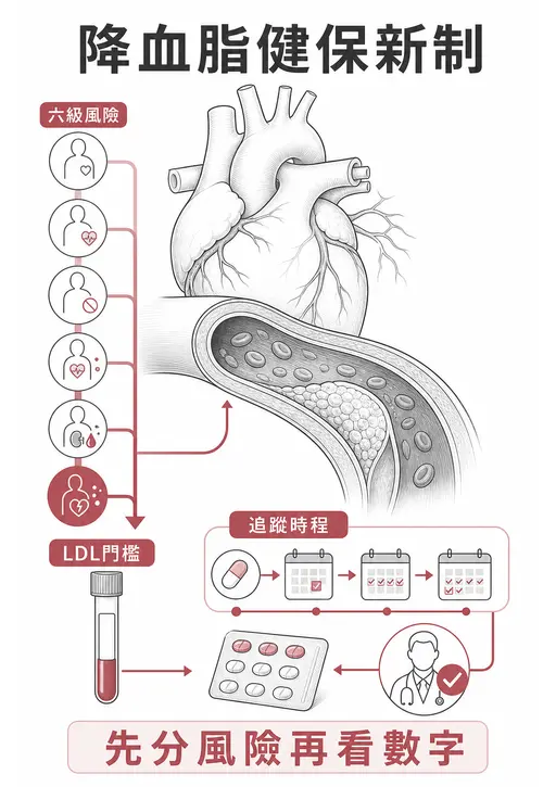 降血脂藥健保新制依六級心血管風險判斷 LDL 門檻與追蹤時程