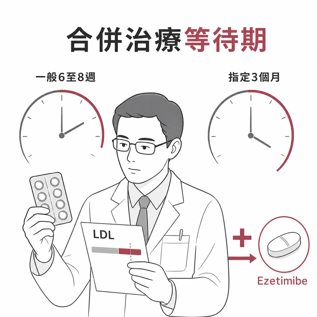 醫師依一般6至8週或指定品項3個月的健保條件評估合併 Ezetimibe