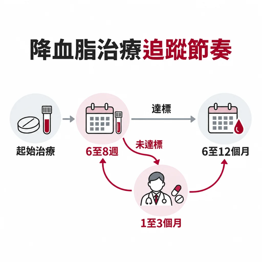 降血脂治療起始後6至8週、調整後1至3個月、達標後6至12個月追蹤