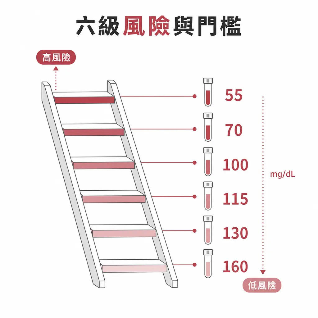 六級心血管風險依序對應 LDL 55、70、100、115、130、160 mg/dL 門檻