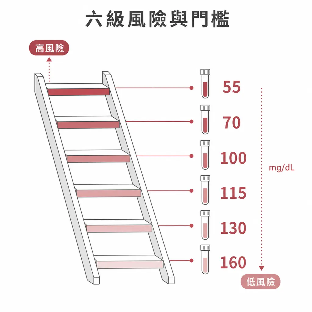 六級心血管風險依序對應 LDL 55、70、100、115、130、160 mg/dL 門檻