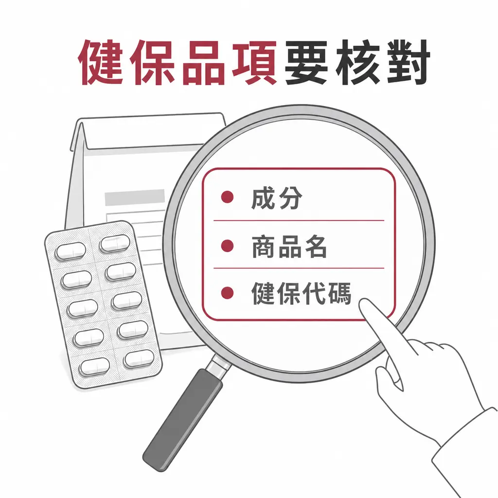 核對 statin 藥袋上的成分、商品名與健保代碼以確認適用的給付表
