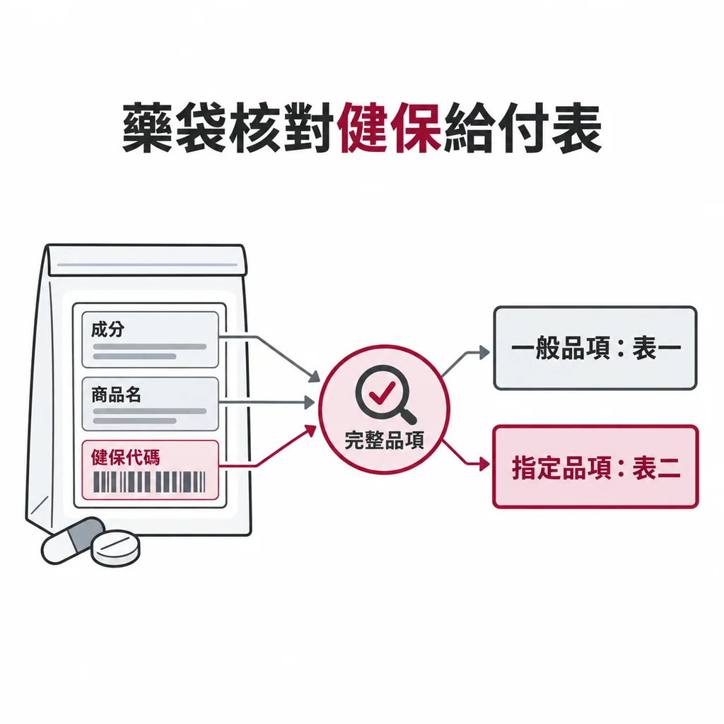 核對 statin 藥袋上的成分、商品名與健保代碼以確認適用的給付表