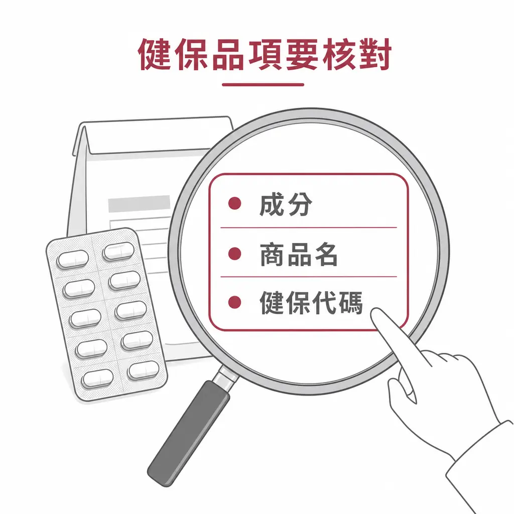 核對 statin 藥袋上的成分、商品名與健保代碼以確認適用的給付表