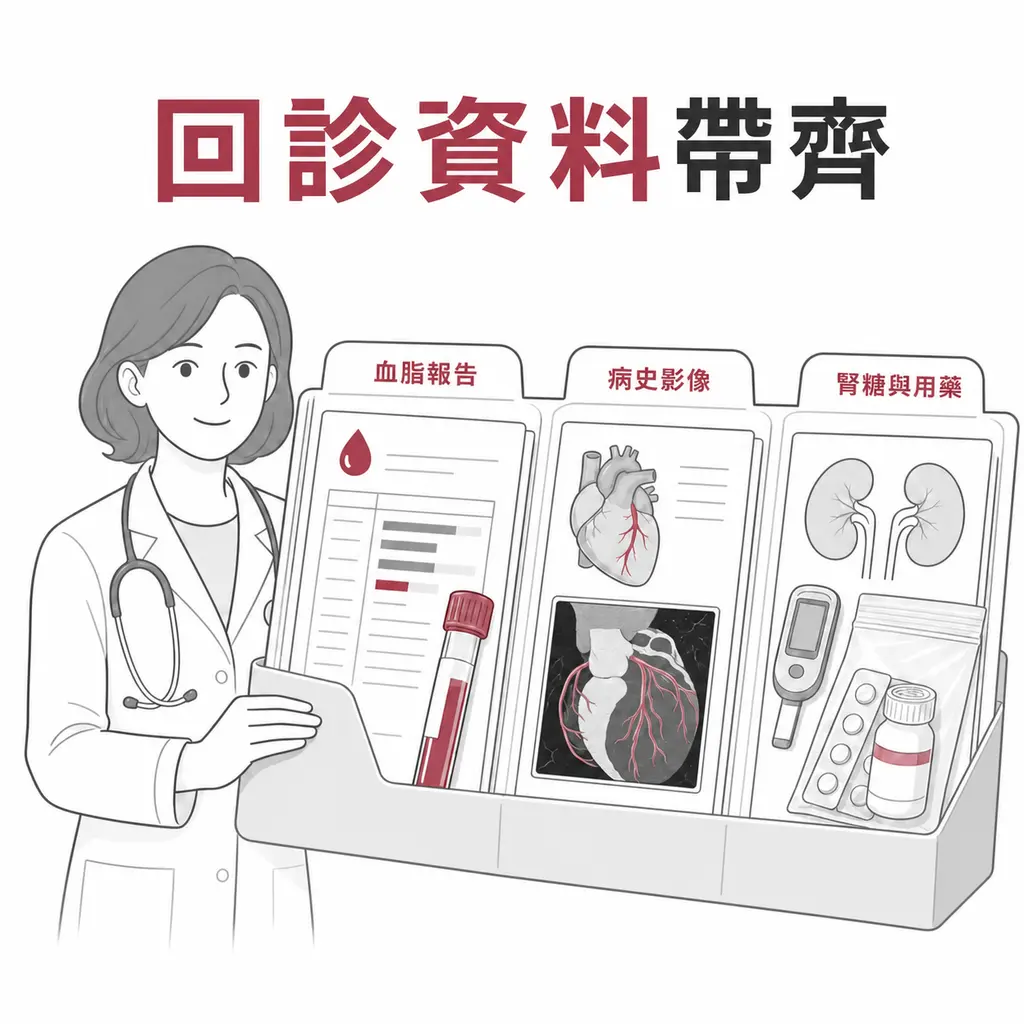 回診備妥血脂報告、心血管病史影像、腎糖資料與完整用藥紀錄