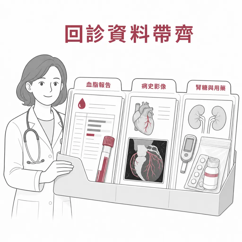 回診備妥血脂報告、心血管病史影像、腎糖資料與完整用藥紀錄