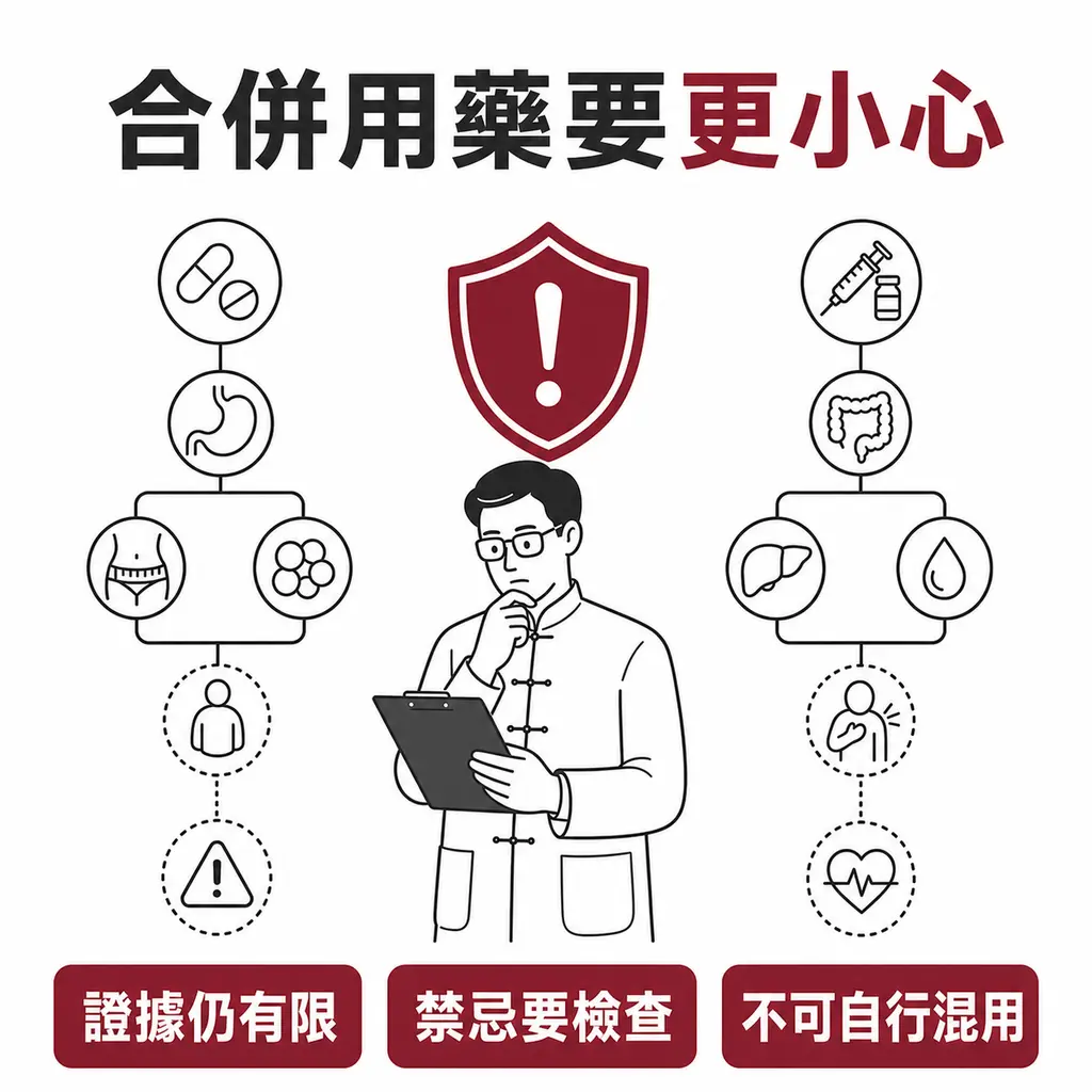 合併減重藥的證據仍有限，使用前要檢查禁忌，不可自行混用
