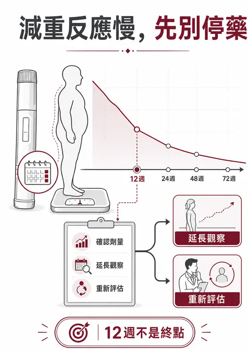 Tirzepatide 治療 12 週反應較慢時，先確認劑量、延長觀察並重新評估