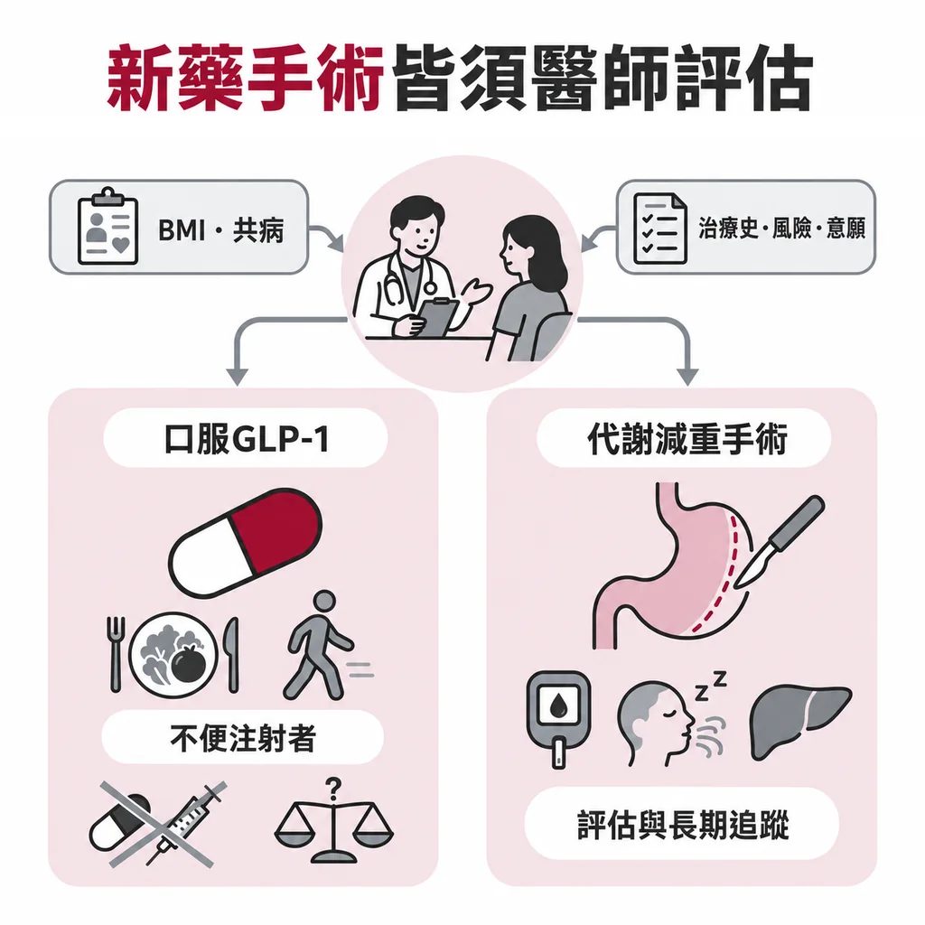 口服新藥與減重手術各有適用情況,應由醫師依個人風險評估