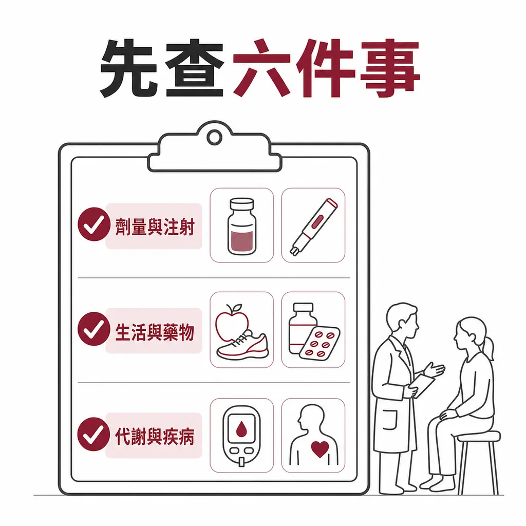 回診檢查劑量與注射、生活與藥物、代謝與疾病三組原因