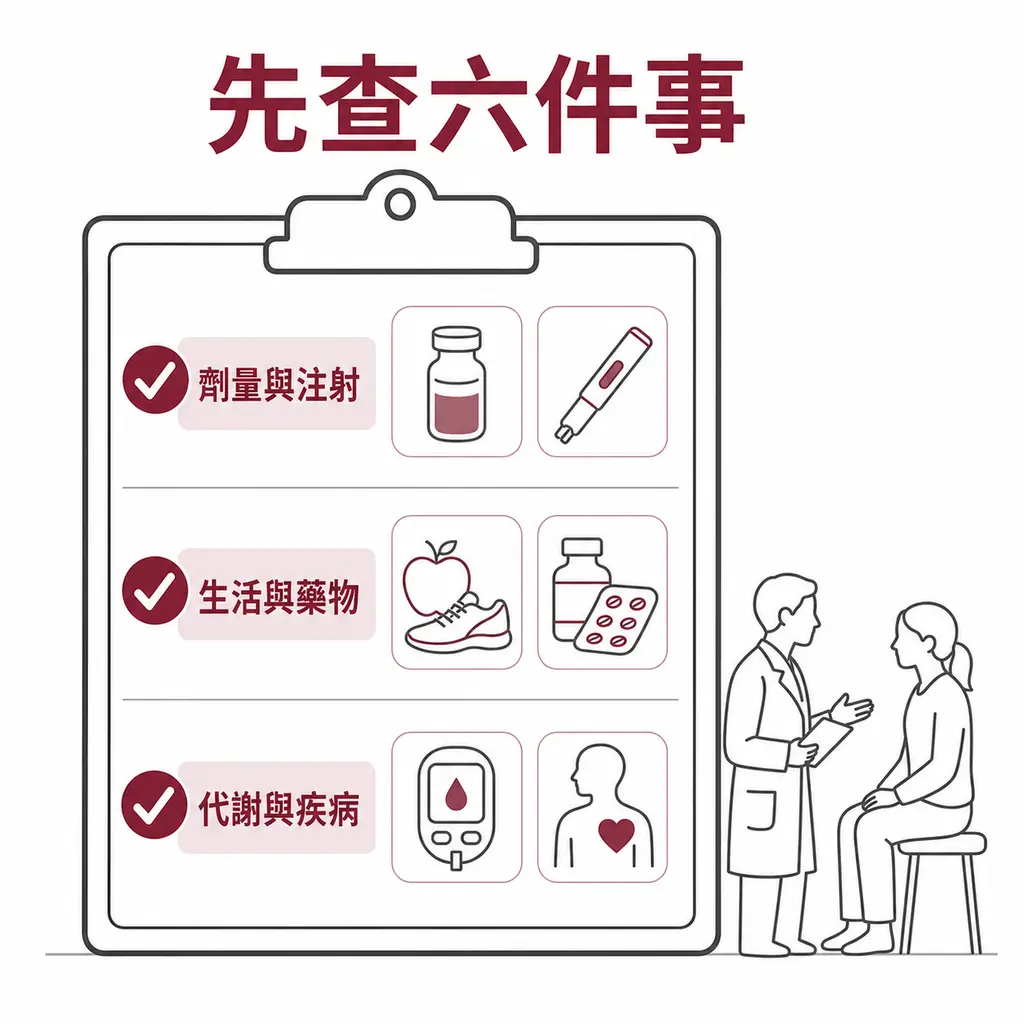 回診檢查劑量與注射、生活與藥物、代謝與疾病三組原因