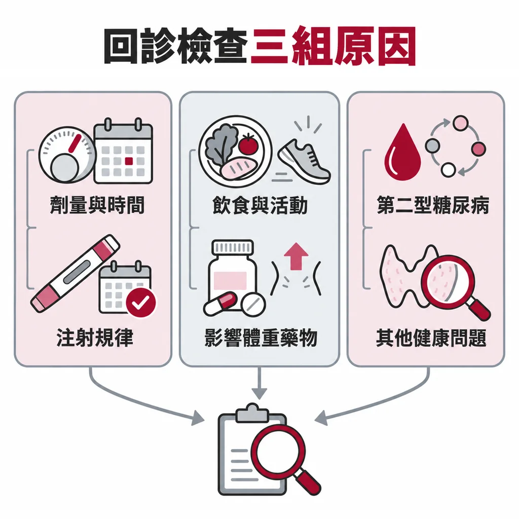 回診檢查劑量與注射、生活與藥物、代謝與疾病三組原因