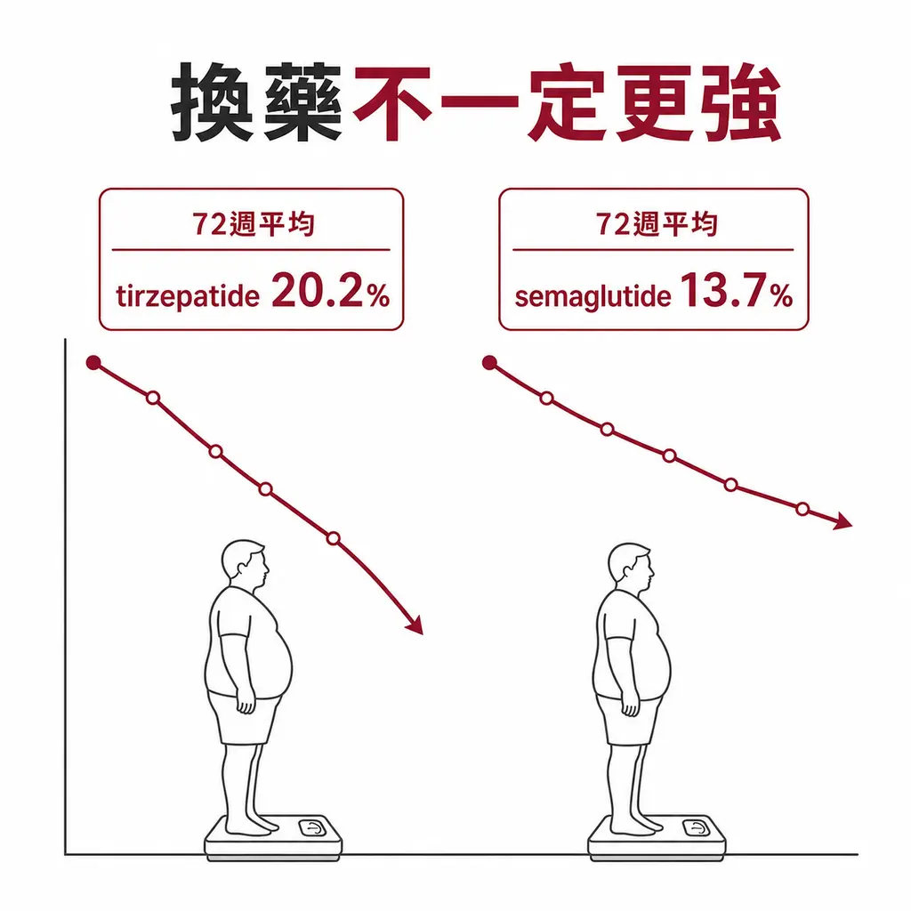在沒有第二型糖尿病的肥胖成人試驗中，72 週平均減重為 tirzepatide 20.2%、semaglutide 13.7%