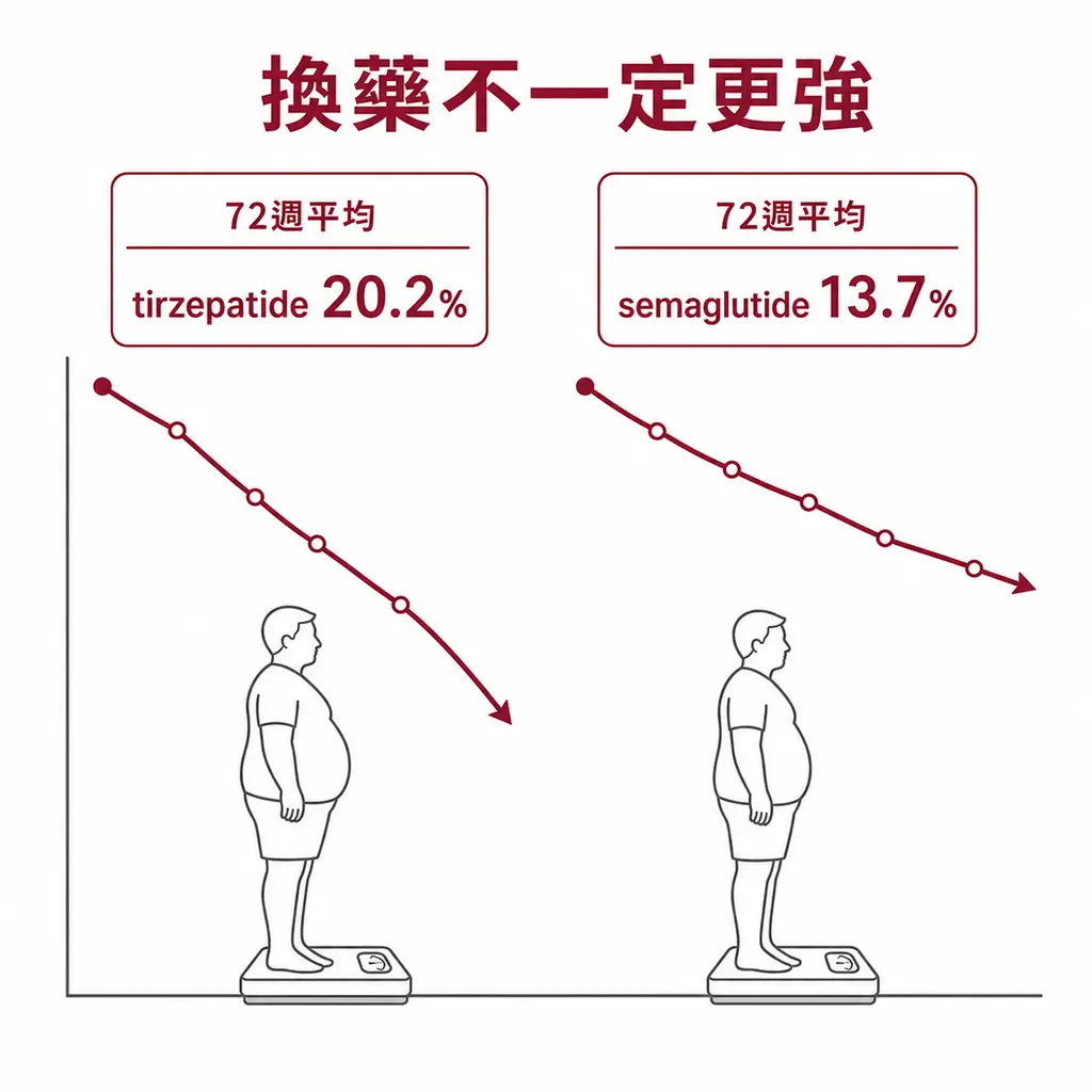 在沒有第二型糖尿病的肥胖成人試驗中,72 週平均減重為 tirzepatide 20.2%、semaglutide 13.7%
