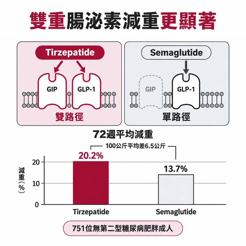 在沒有第二型糖尿病的肥胖成人試驗中,72 週平均減重為 tirzepatide 20.2%、semaglutide 13.7%