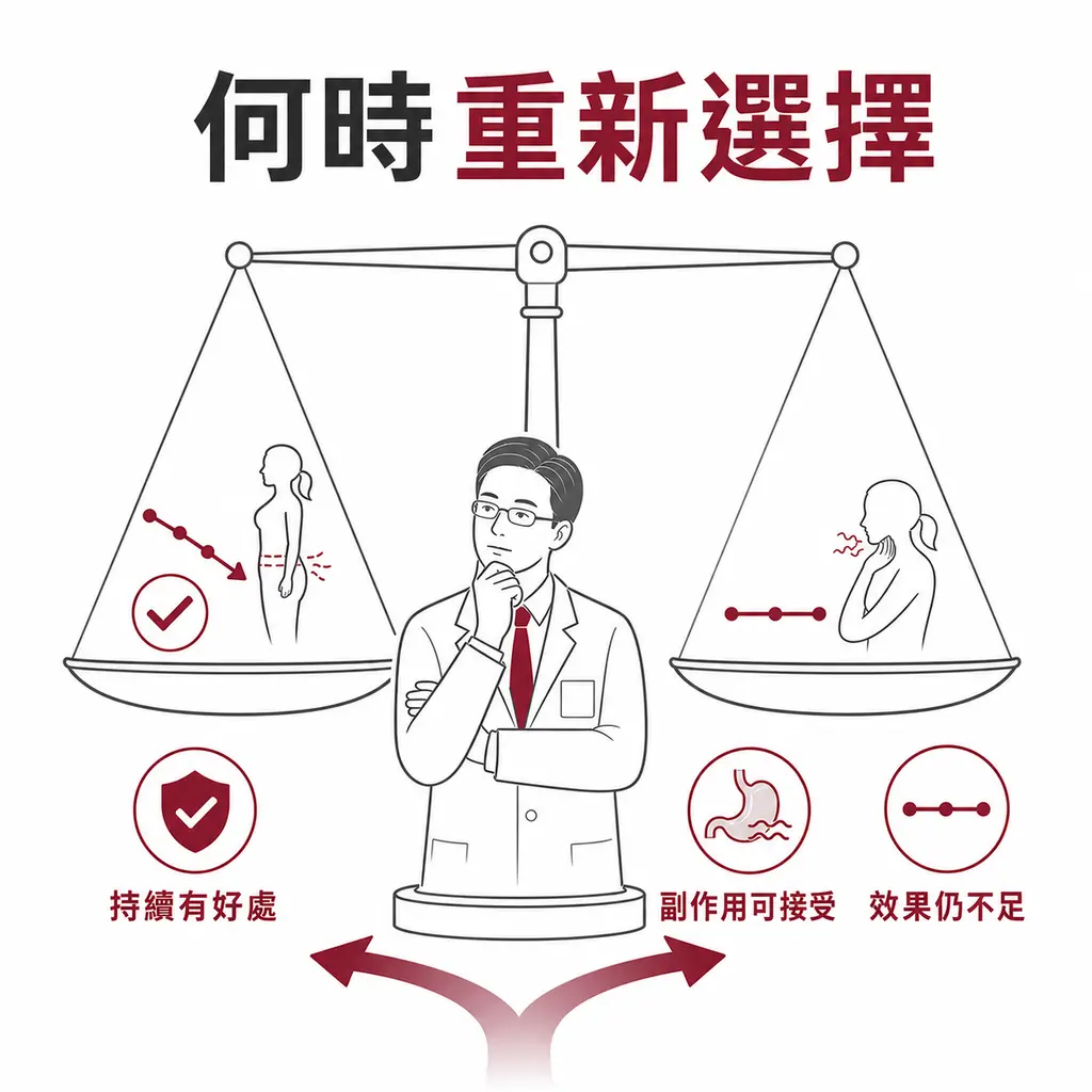 醫師衡量持續好處、副作用與治療效果後，再決定是否重新選擇治療