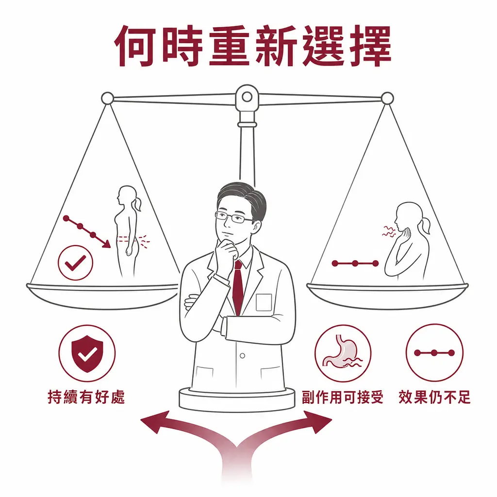 醫師衡量持續好處、副作用與治療效果後,再決定是否重新選擇治療