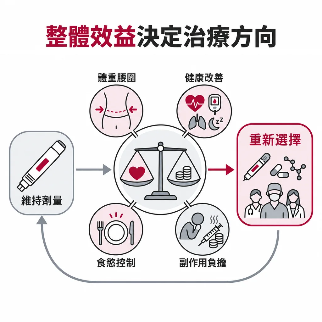 醫師衡量持續好處、副作用與治療效果後,再決定是否重新選擇治療