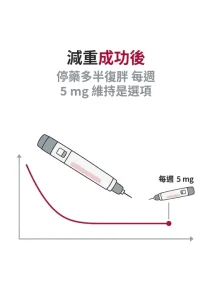猛健樂達標後持續治療、5 mg 與停藥復胖風險圖