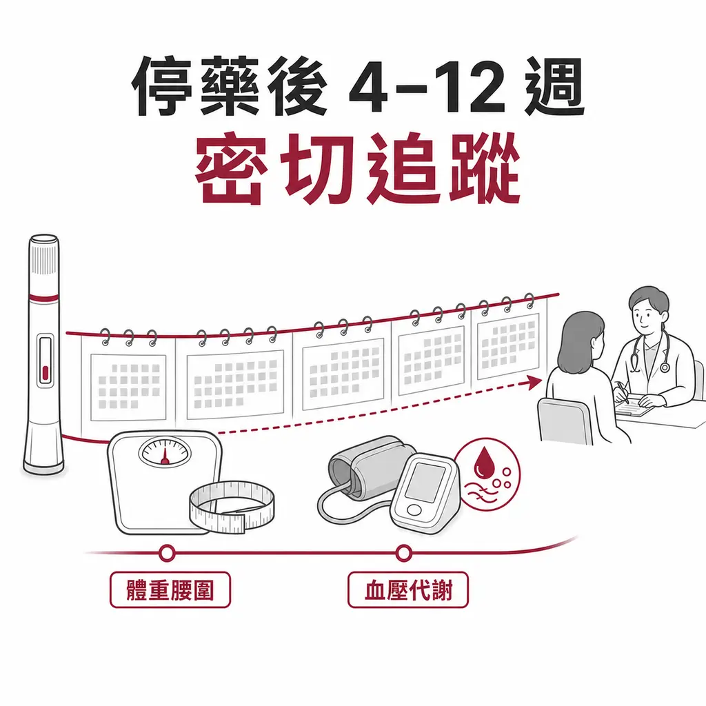 猛健樂停藥後前 4 至 12 週追蹤體重、腰圍、血壓與代謝數值