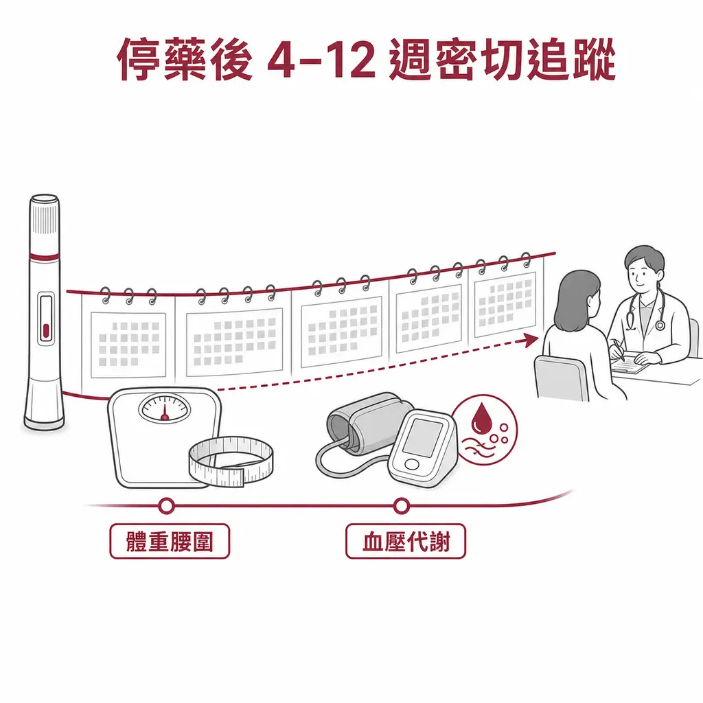 猛健樂停藥後前 4 至 12 週追蹤體重、腰圍、血壓與代謝數值